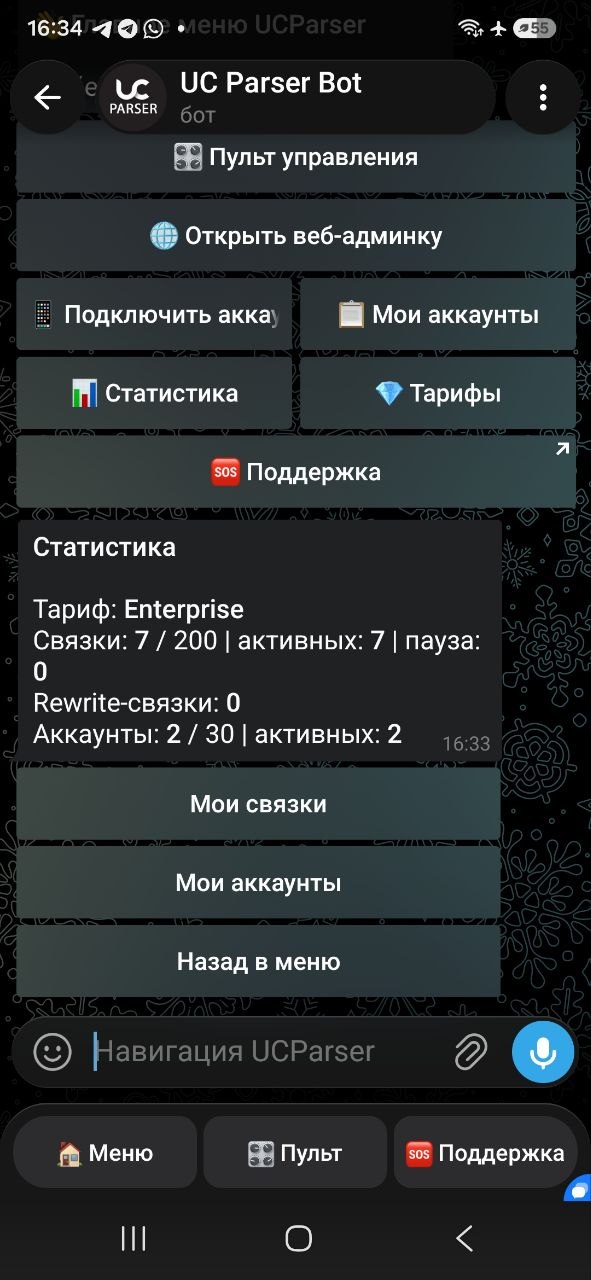 Статистика UCParserBot: тариф, лимиты связок, аккаунтов и активные задачи
