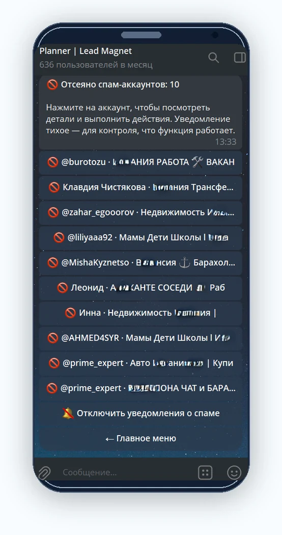 Список подозрительных участников после антиспам-проверки